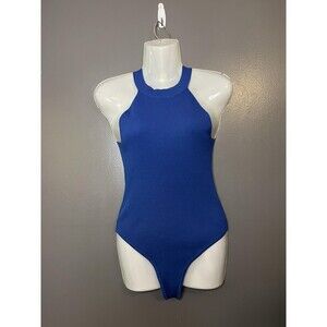 Happily Grey Bodysuit Womens Large Blue Ribbed Sleeveless High Neck Stretch